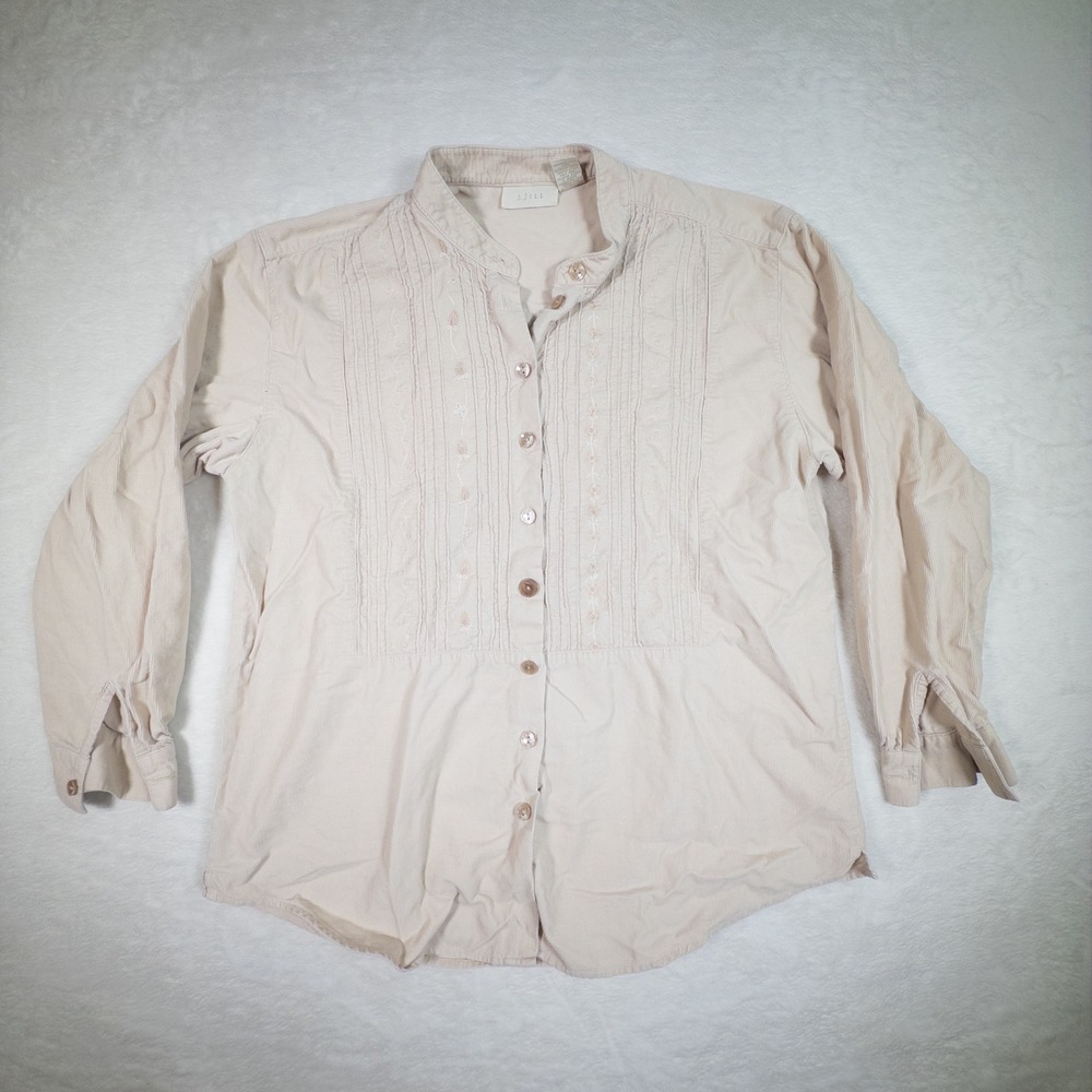 J. Jill Beige Embroidered Pintuck Collared Button Down Shirt‎ Top Size 8P Cotton